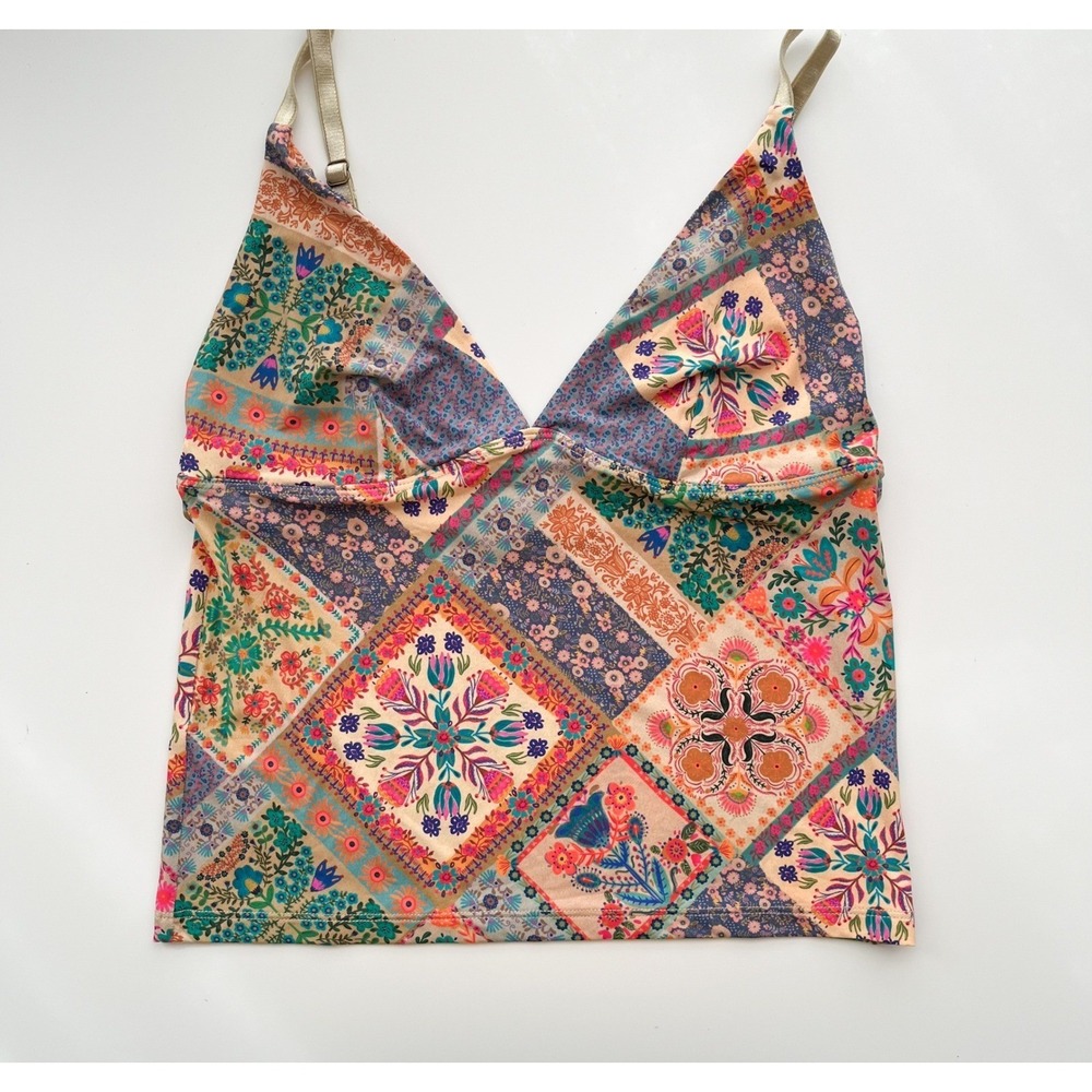 NEW Natural Life Deep V-Neck Cami Top Floral Patchwork Print Womens Small Multi